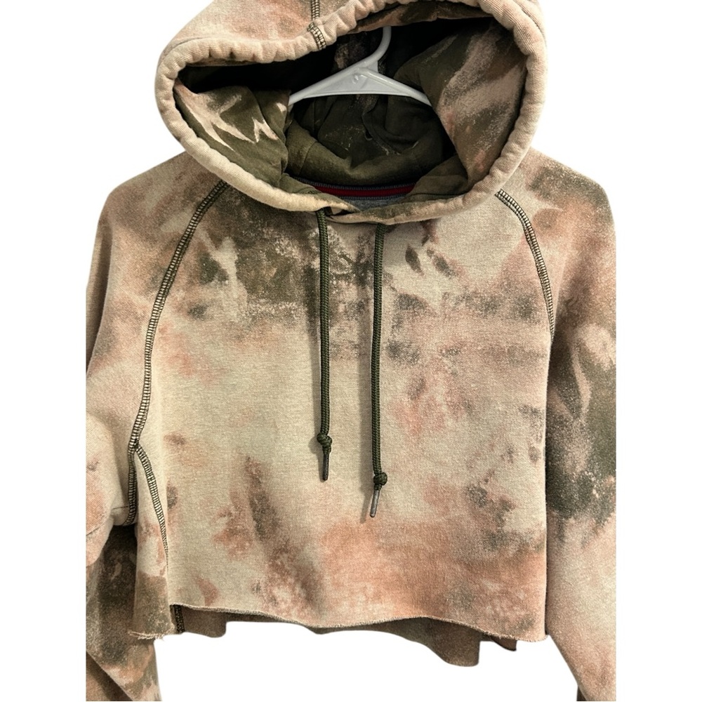 Russell Cropped Hoodie Tan Bleach Dye Premium Fleece Medium Pullover View 3